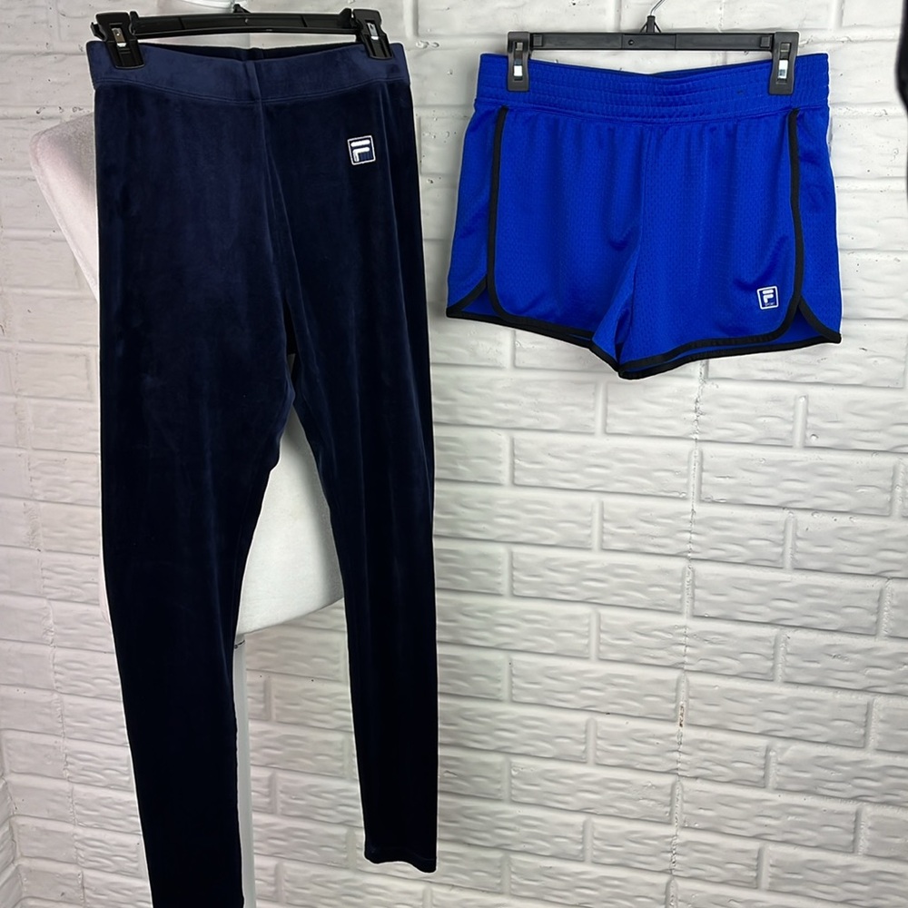 FILA SPORT BUNDLE VELVET NAVY LEGGINGS AND MESH BLUE SHORTS SIZE SMALL
